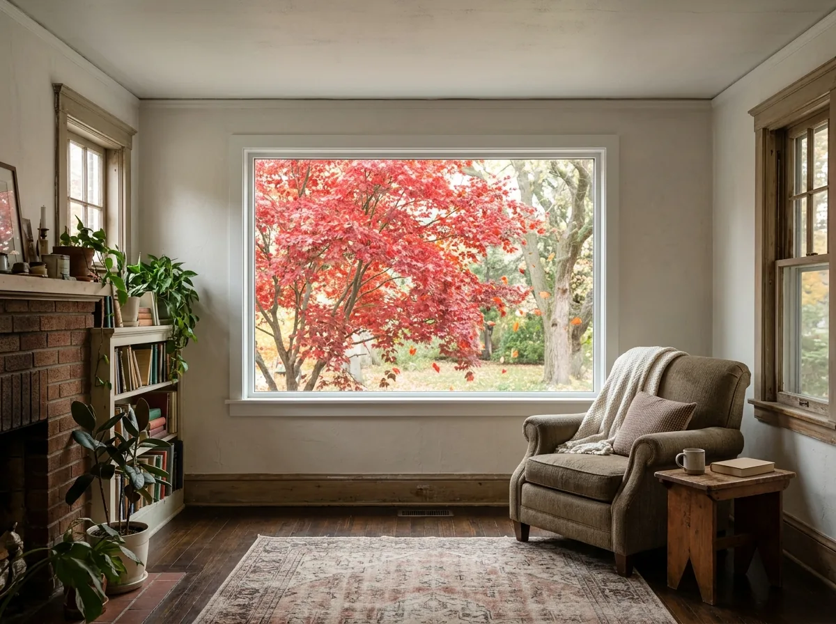 Large fixed picture window in a living room framing a red maple in autumn color