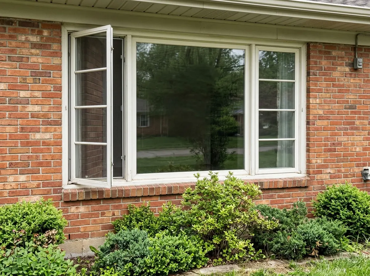 Fixed center picture window with a narrow casement on each side, the left one cranked open, on a brick ranch house