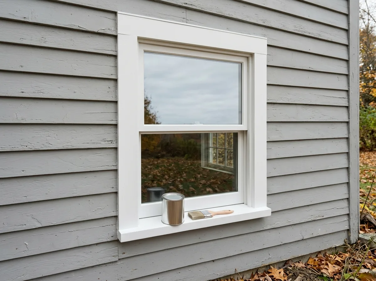 New wood double-hung window with a factory-primed white exterior set in a painted clapboard wall, brush and paint can on the sill