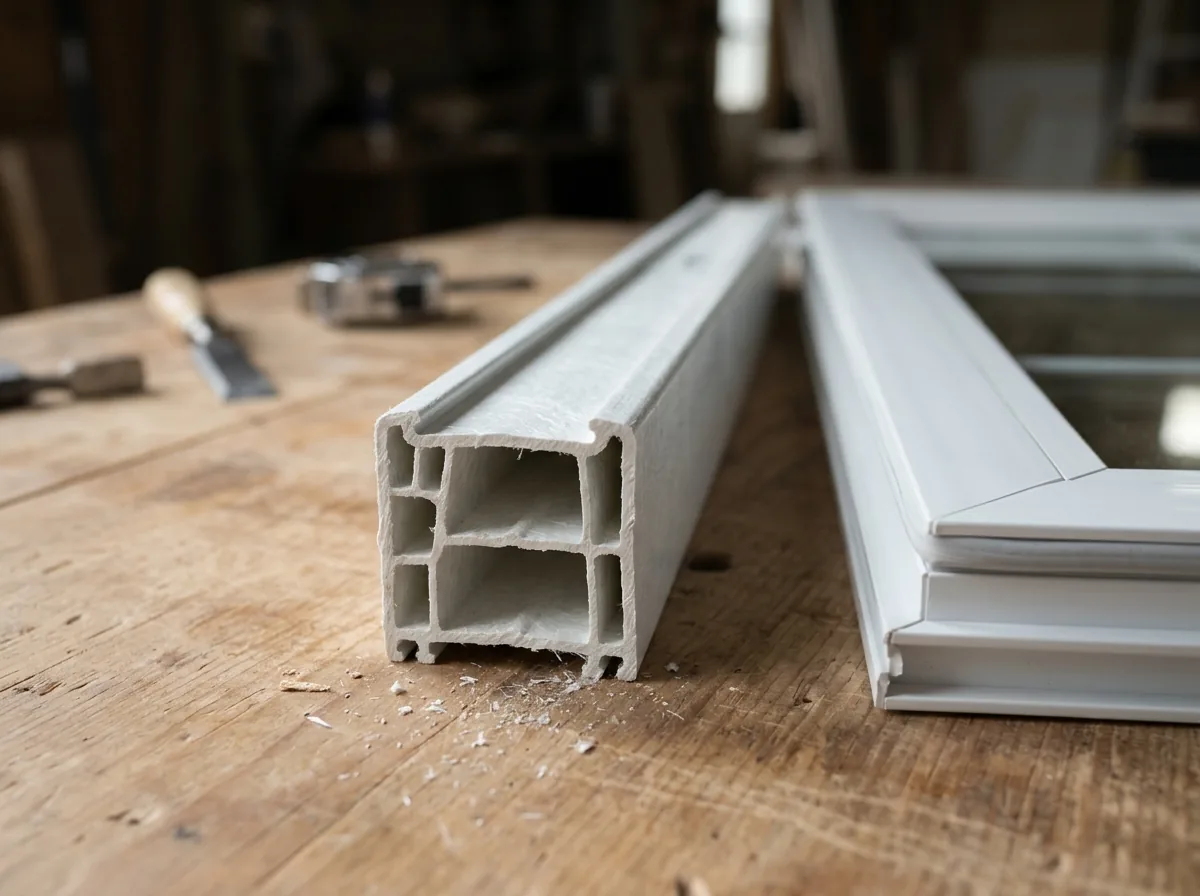 Cut end of a white pultruded fiberglass window frame profile showing hollow chambers, resting on a workbench beside a new window