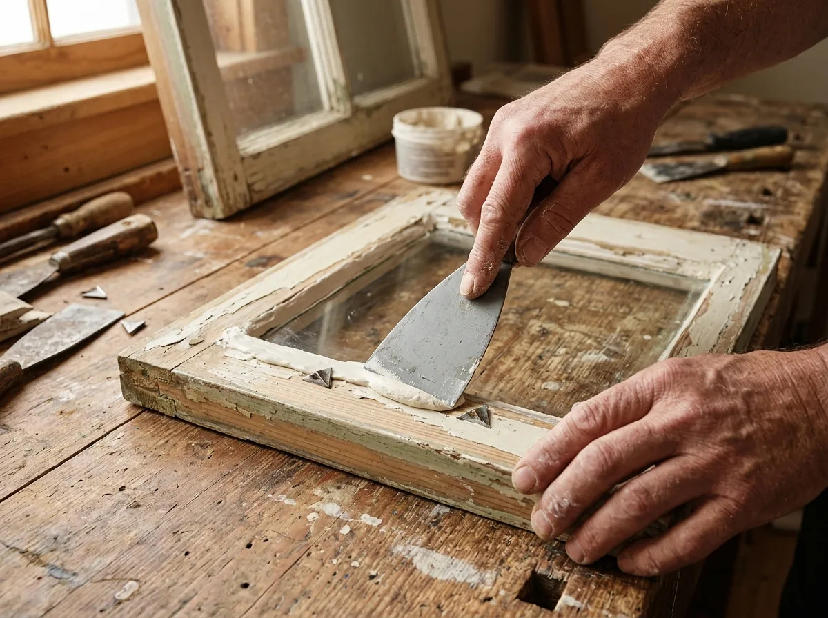 Hands with a putty knife beveling fresh glazing putty along a pane in an old wood sash laid flat on a workbench