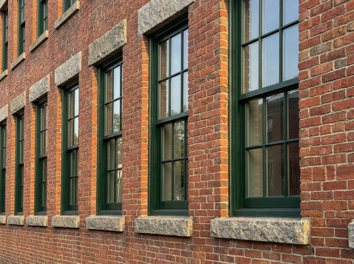 Row of tall original two-over-two wood windows on a red brick mill-era building, freshly painted dark green sashes