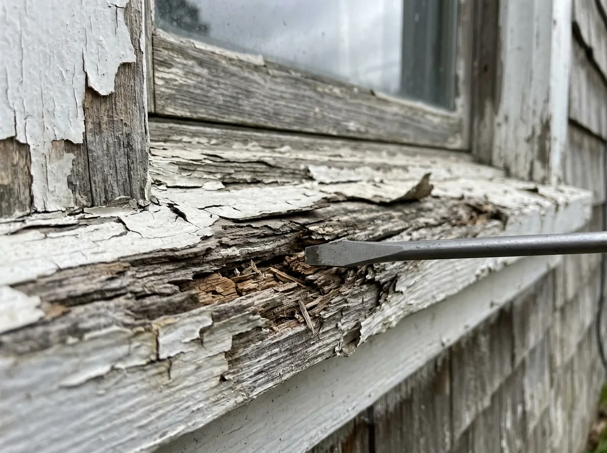 Close view of a rotted exterior wood window sill with peeling white paint and soft gray wood crumbling at the front edge