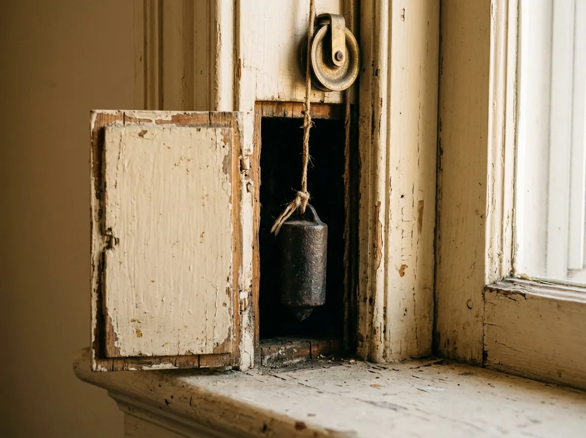 Opened weight pocket in an old wood window jamb, a cast iron sash weight hanging on a frayed cotton cord