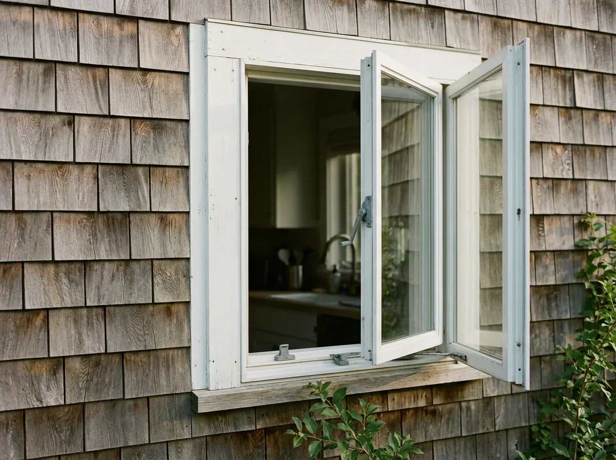 Single white casement window cranked partly open on the side of a shingled New England cape, a kitchen counter visible inside
