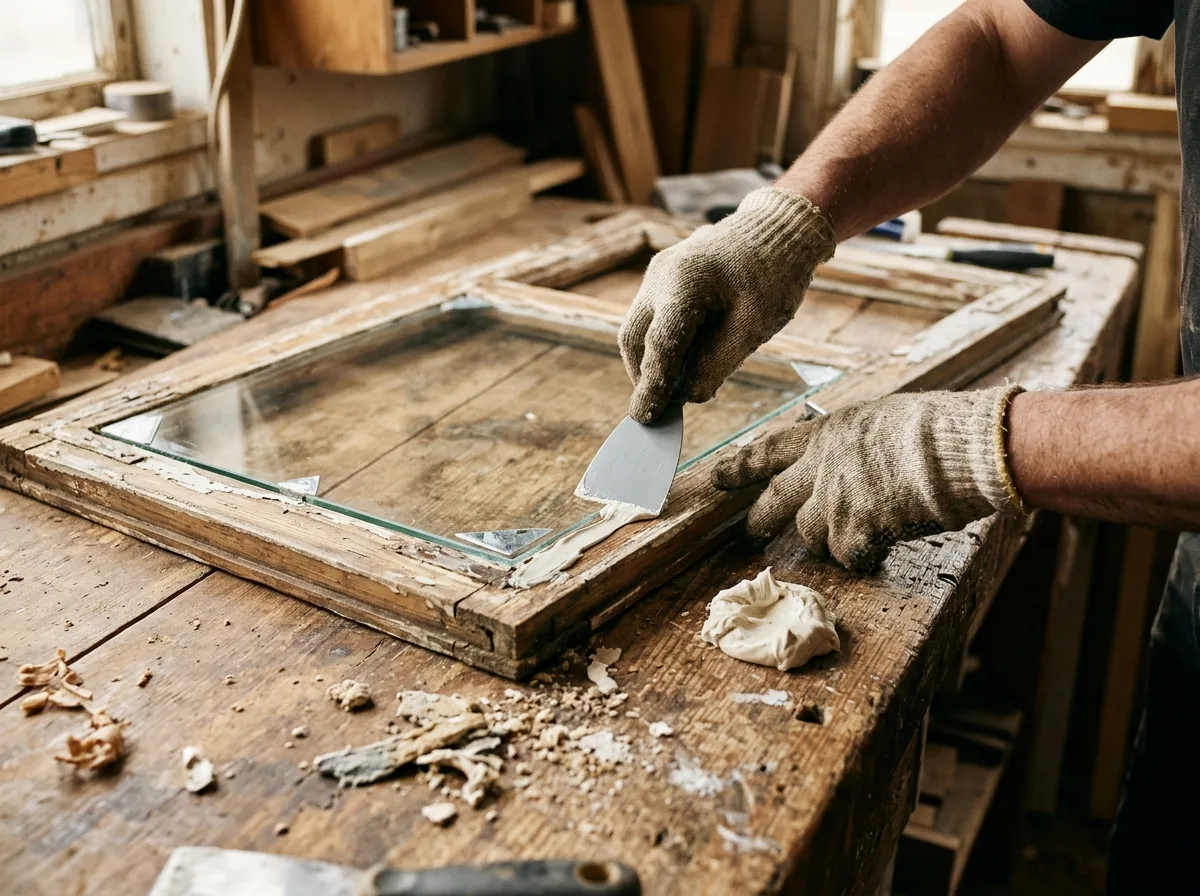 Glazier's hands pressing fresh glazing putty along a new pane in an old wooden sash laid flat on a workbench