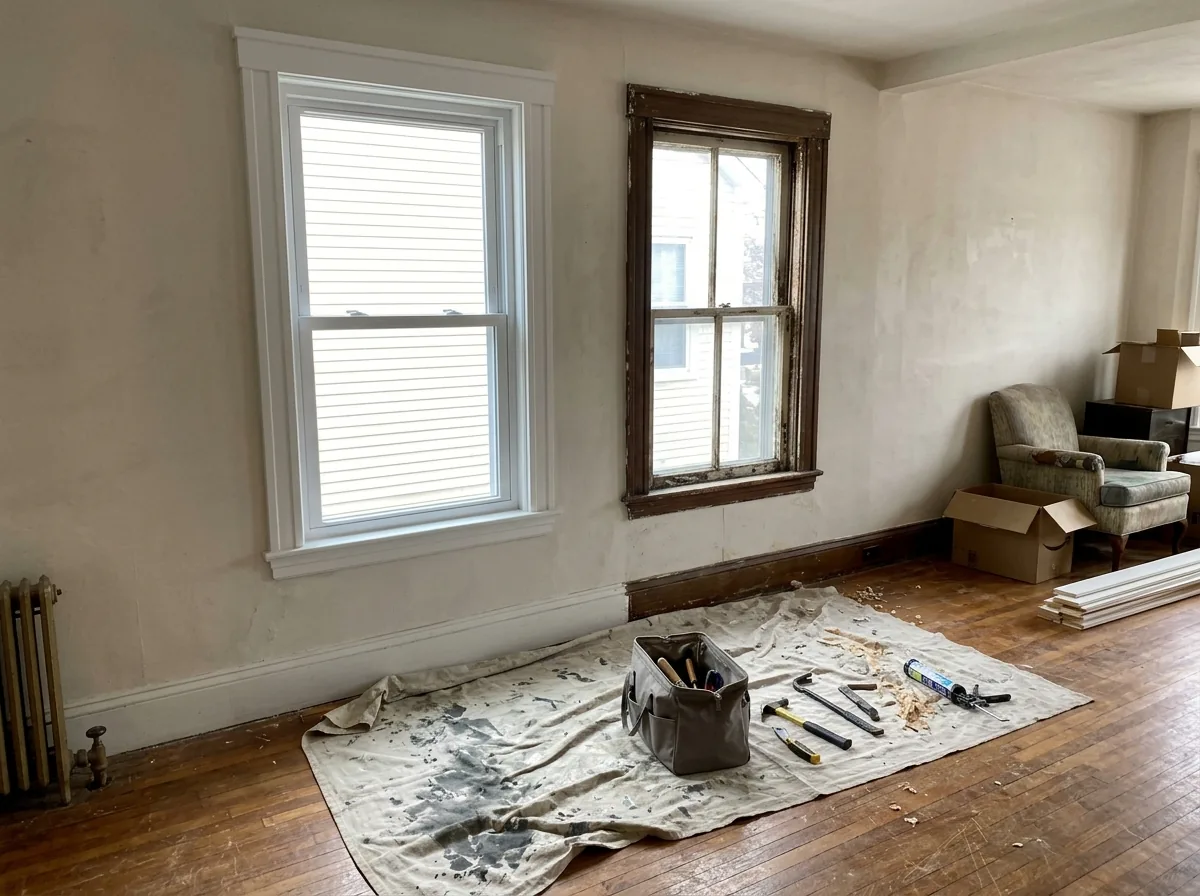 Condo living room with a new white double-hung window installed beside an old one awaiting replacement, drop cloth on the floor
