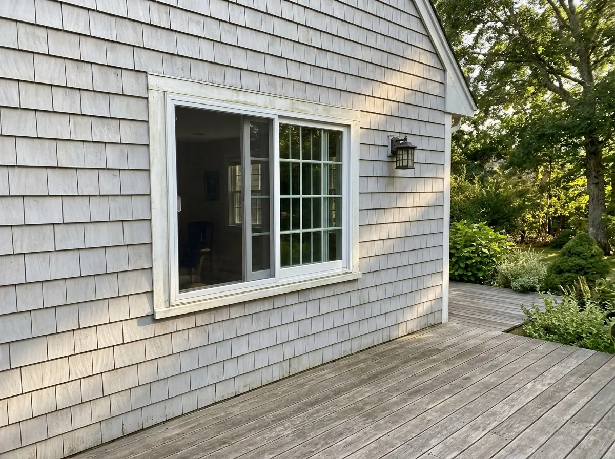 Sliding window beside a back deck, opened partway, with nothing projecting out over the deck boards