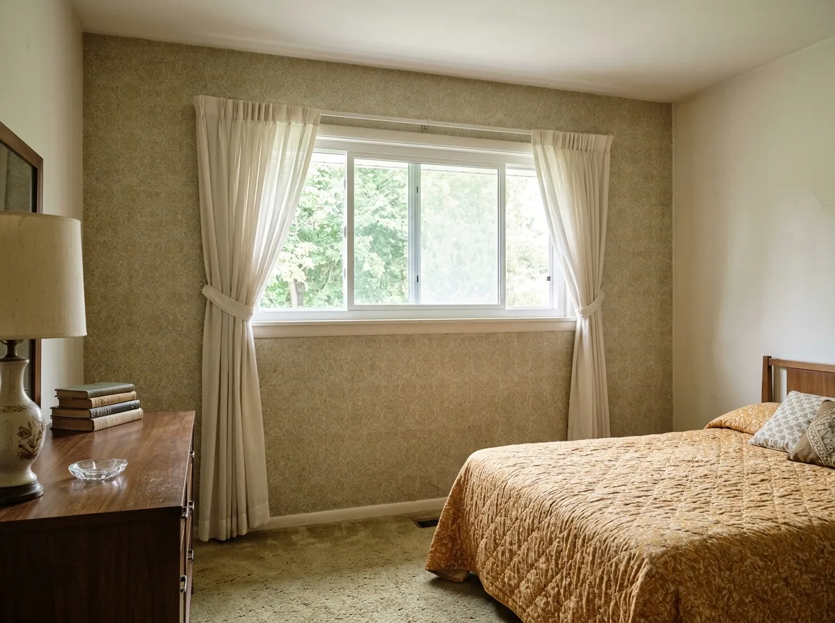 Wide white horizontal sliding window with one sash slid half open in a ranch-house bedroom