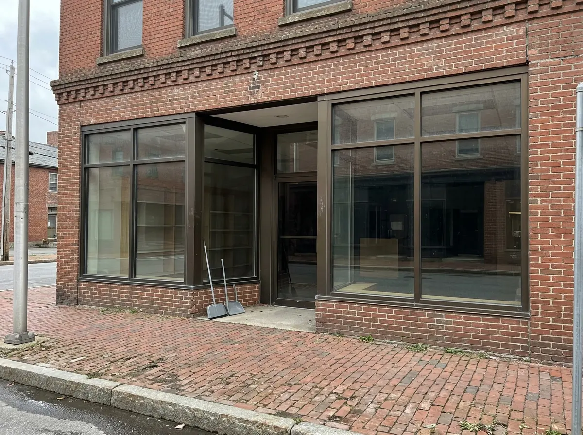 Ground-floor shop with large plate glass storefront windows in dark aluminum frames under an old brick building, sidewalk in front