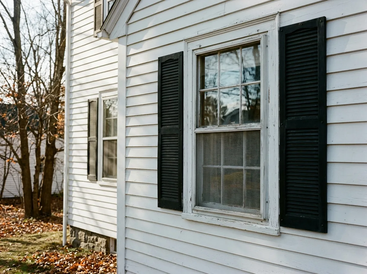 Wood double-hung window with wavy old glass behind a painted storm window frame on a cape with white clapboards