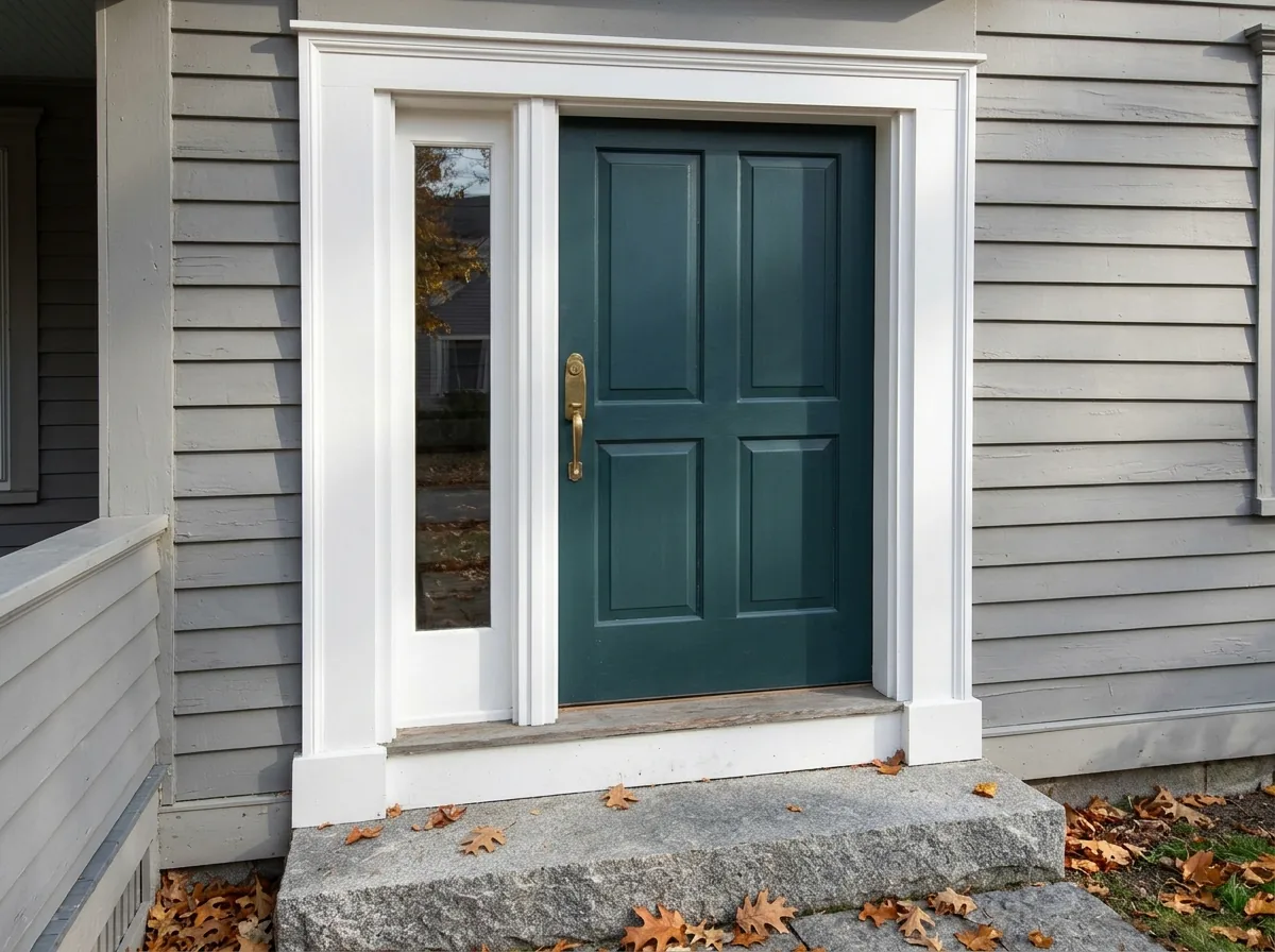 New window beside a front entry door with a narrow tempered glass side panel, painted wood trim, clapboard siding