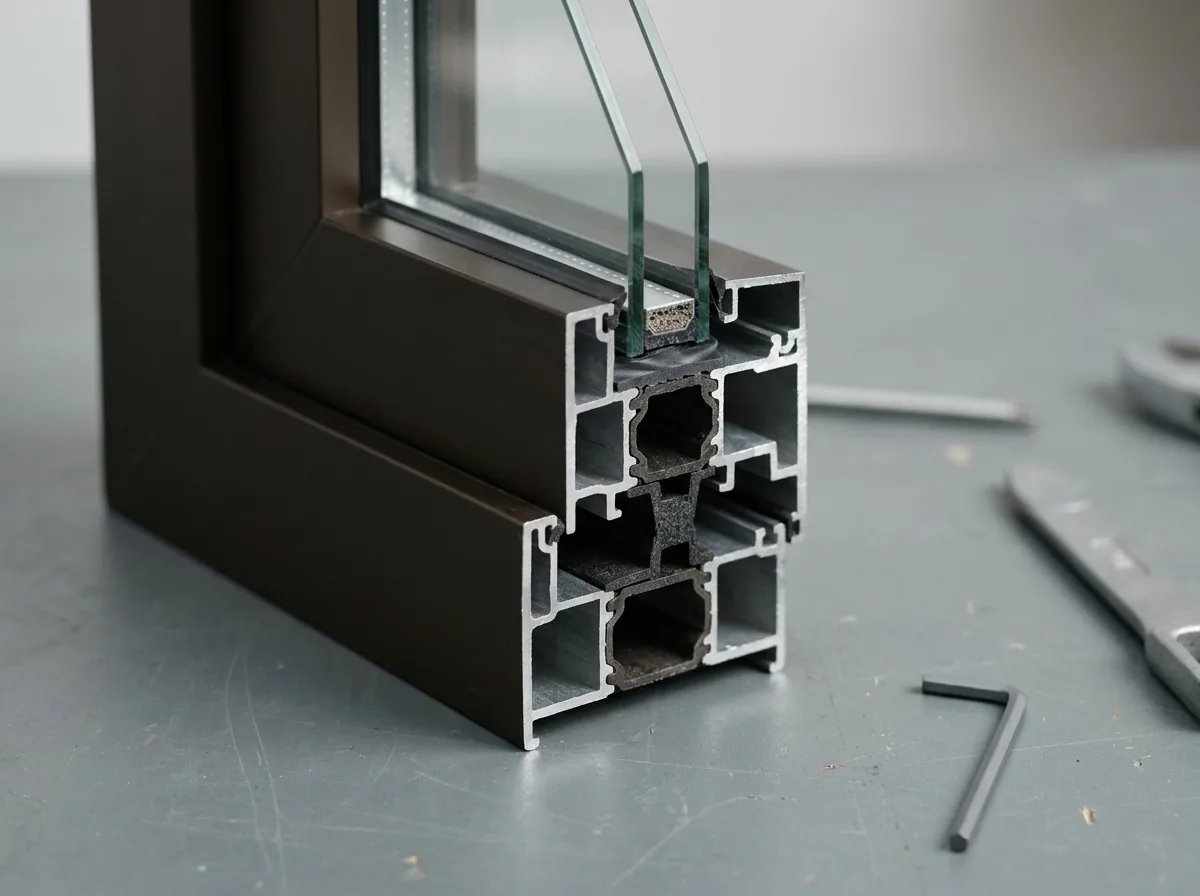 Cross-section corner of a dark bronze aluminum window frame showing the insulating strip between inner and outer frame