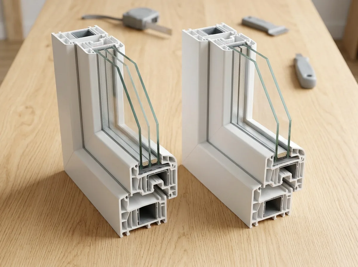 Cross-section sample of a thin-glass triple-pane window sash beside a standard double-pane sash of the same depth