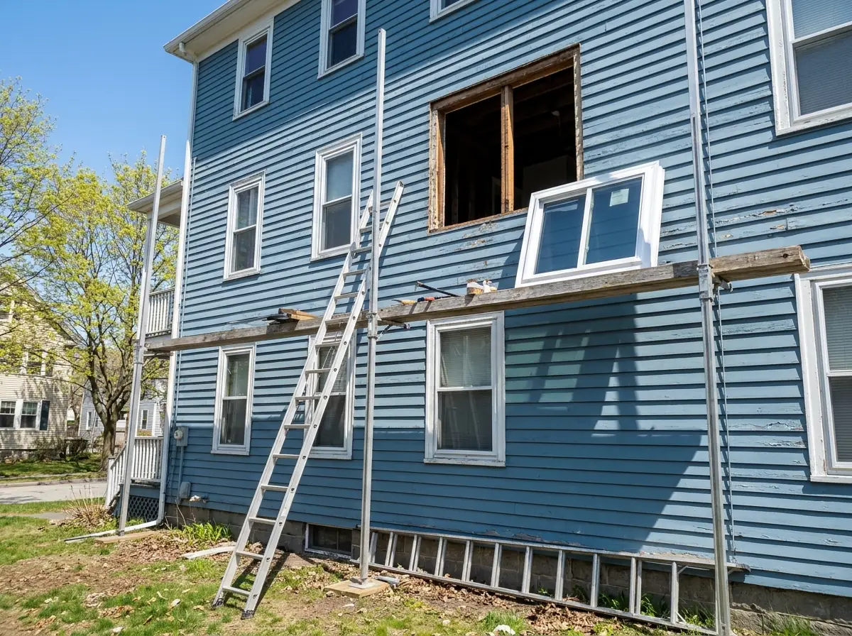 Plain aluminum ladder and pump-jack staging against the third floor of a blue triple-decker, old window removed from one opening