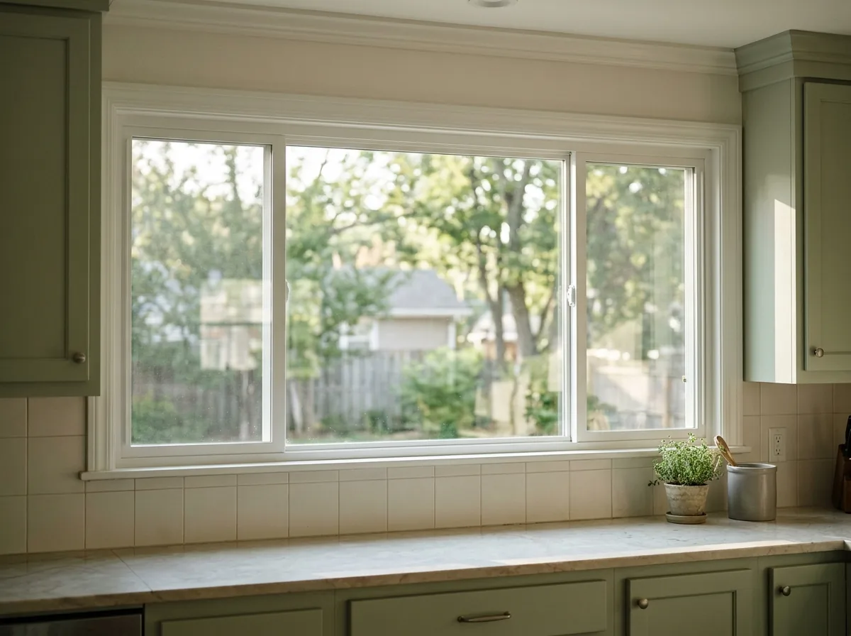 Three-lite end-vent sliding window with a wide fixed center pane and the right end sash open, above a kitchen counter