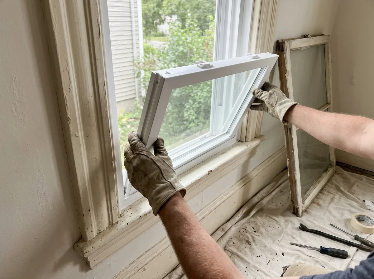 New white tilt-in replacement sash being lowered into vinyl jamb liners in an old painted wood window frame