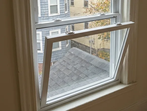 White vinyl double-hung window with its lower sash tilted in for cleaning, on the second floor of a triple-decker
