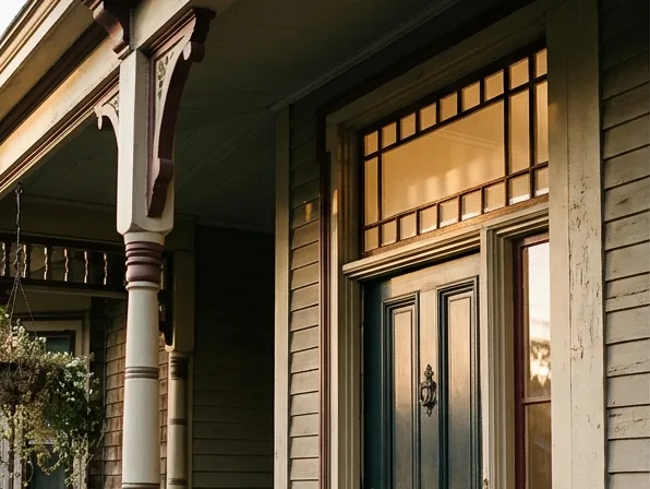 Rectangular transom window above a paneled wood front door on a Victorian porch, its glass catching late afternoon light