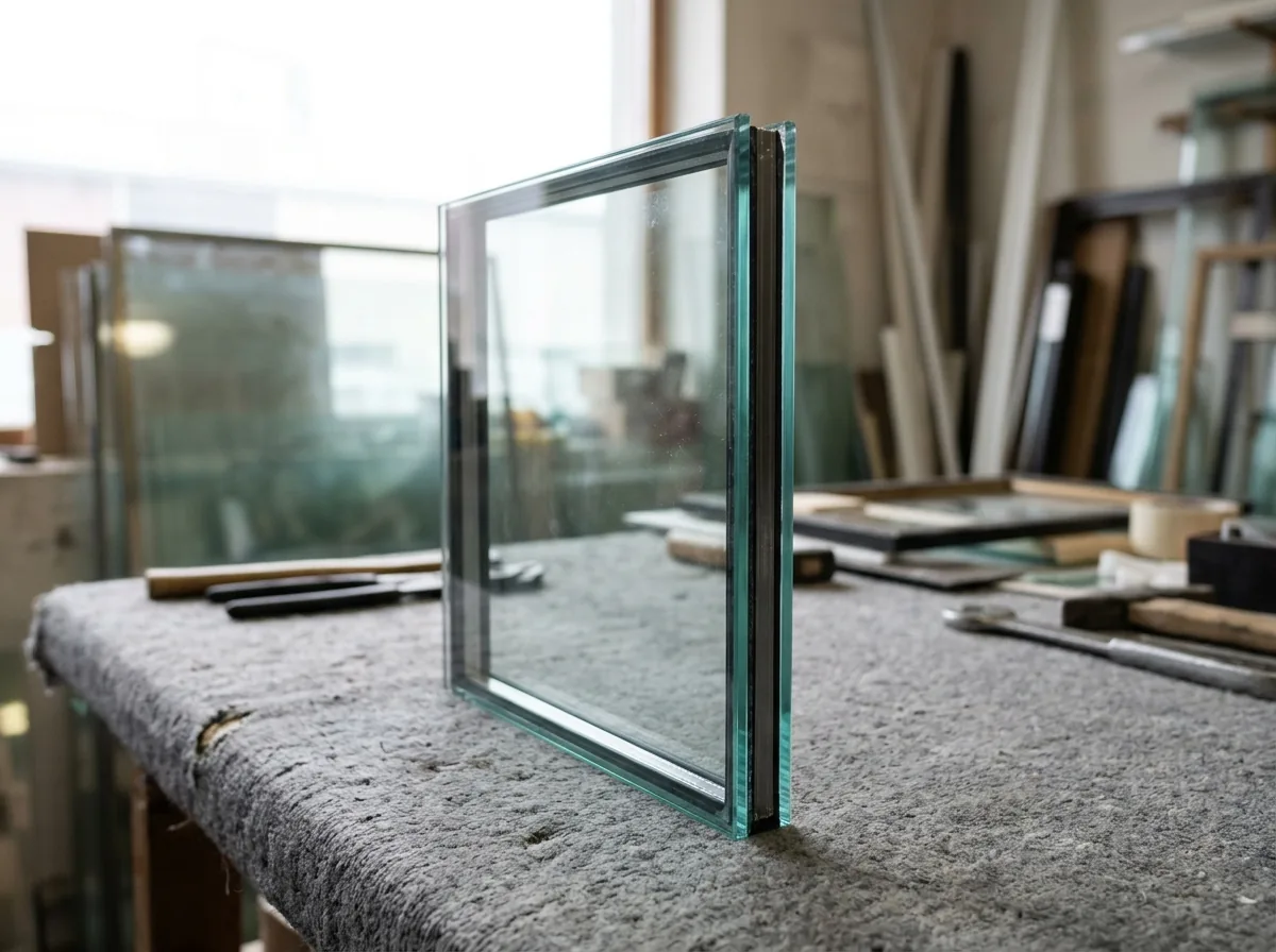 Edge of a triple-pane insulated glass unit on a padded bench, two dark spacer bars visible between three panes