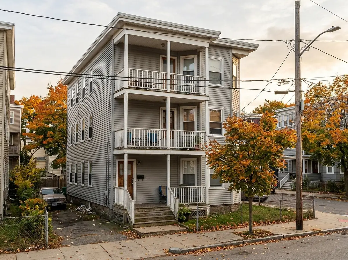 White aluminum triple-track storm windows mounted over old wood double-hung windows on a gray triple-decker in autumn