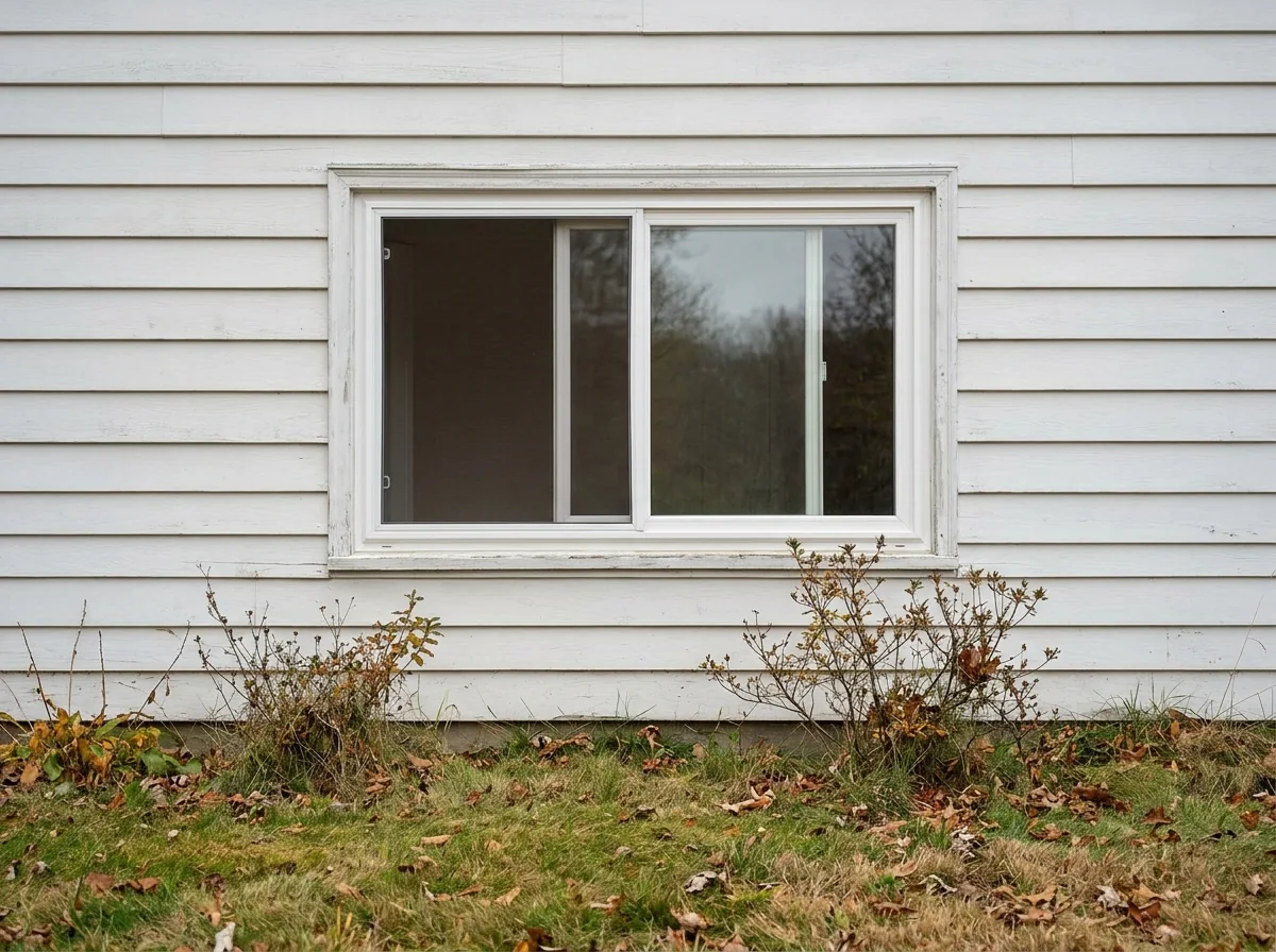 White vinyl two-lite horizontal sliding window with the left panel slid open, on the side wall of a 1960s ranch house