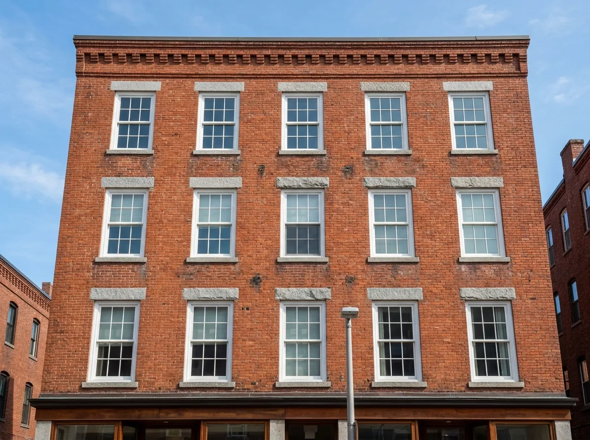Upper floors of a four-story brick mixed-use building with rows of new double-hung windows above a ground-floor shop