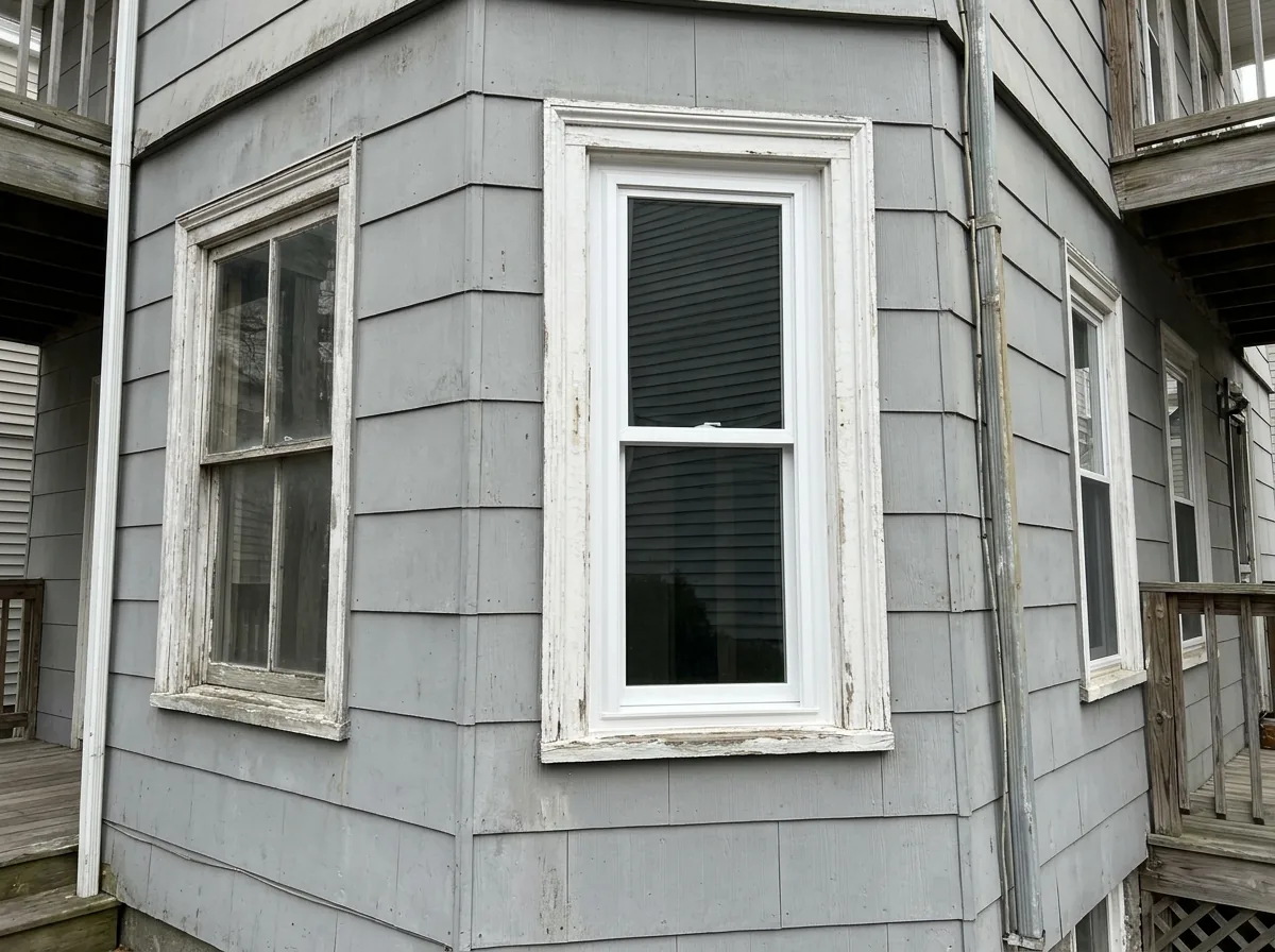 White vinyl double-hung insert window set into an existing painted wood frame on a gray triple-decker, old trim left in place