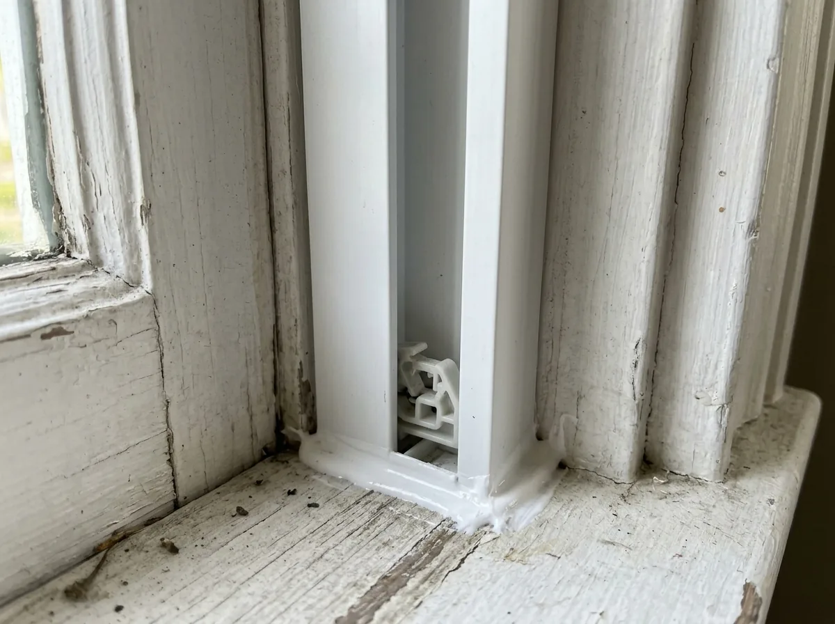 Vinyl jamb liner channel installed along an old wood window frame, a sash shoe at the bottom of the track