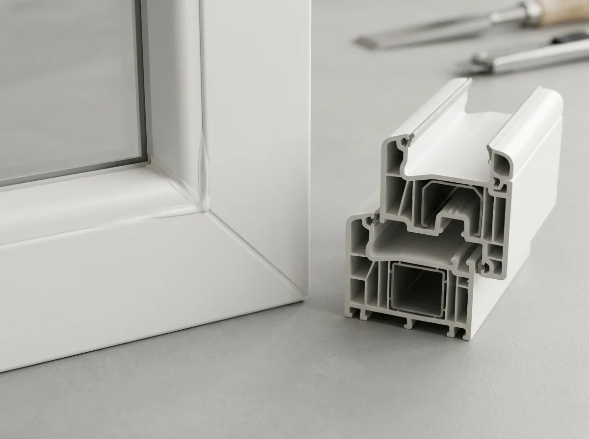 Close view of a fusion-welded white vinyl window frame corner with a clean seam, frame chambers visible at the cut end