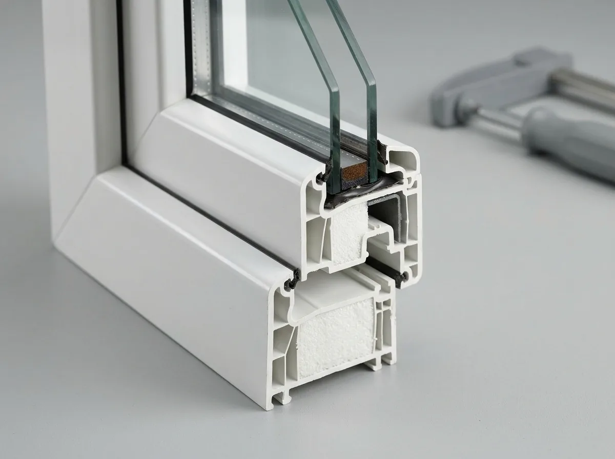 Cut-away corner of an insulated glass unit showing two panes, a dark warm-edge spacer and a foam-filled vinyl frame chamber