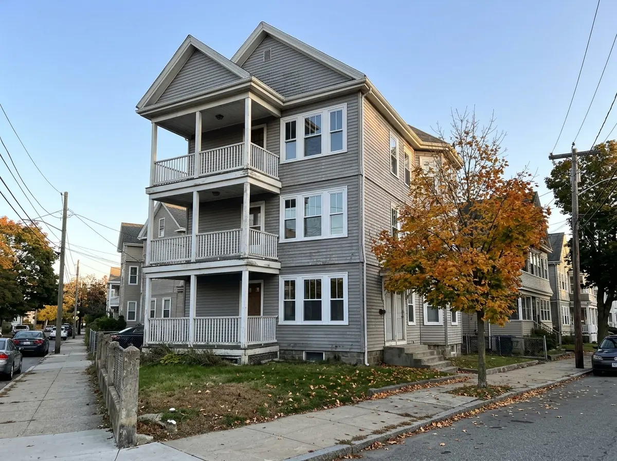 Gray New England triple-decker with stacked front porches and rows of new white double-hung windows on all three floors