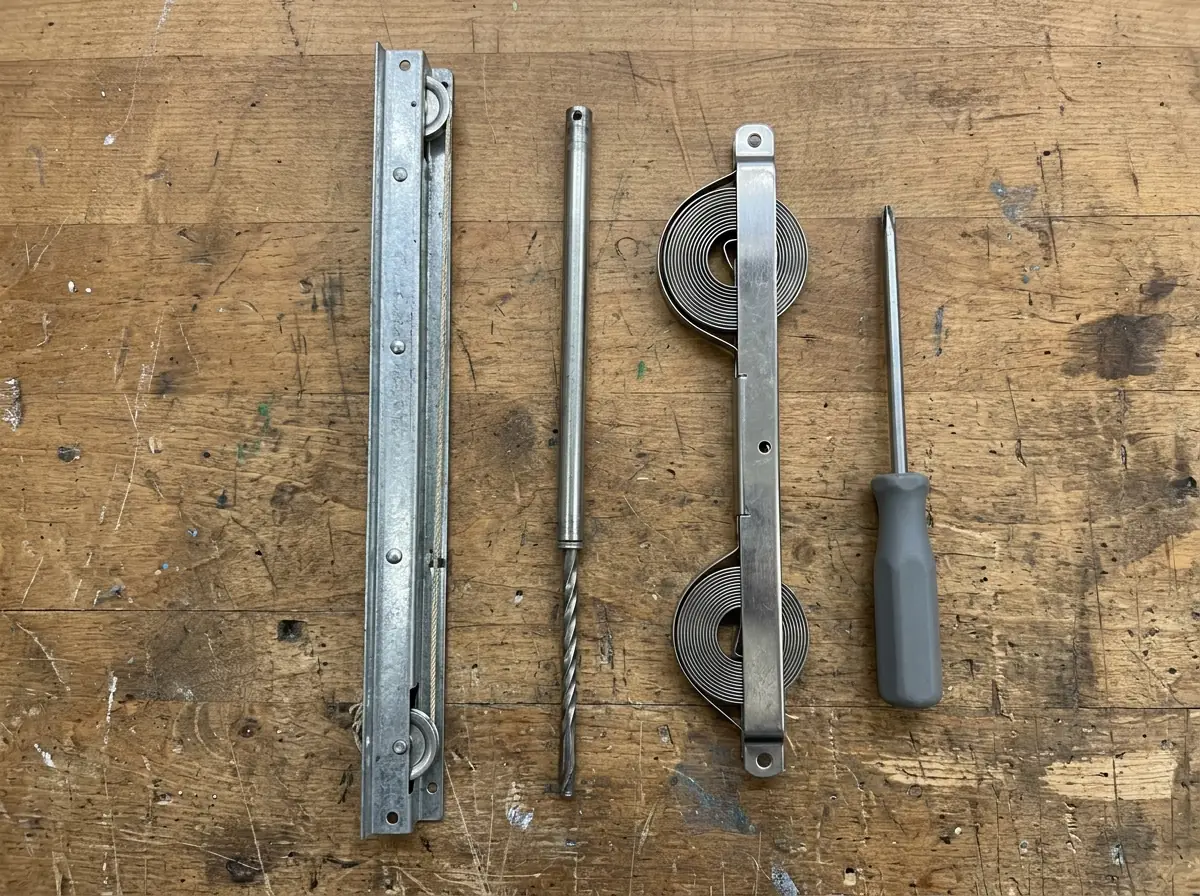 Window balance parts laid out on a workbench: a metal channel balance, a spiral tube balance and a flat coil spring balance