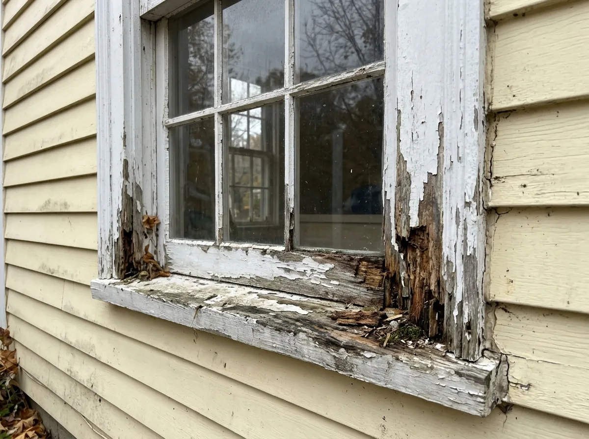 Wood window on a clapboard house, the bottom of the side casing and brickmold rotted and split by the sill