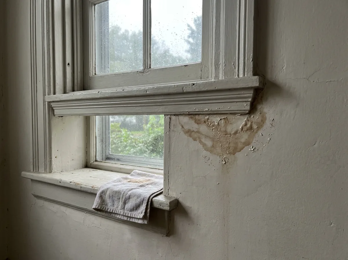 Water stain and bubbled paint on the interior wall below the top corner of a wood window, a towel on the sill