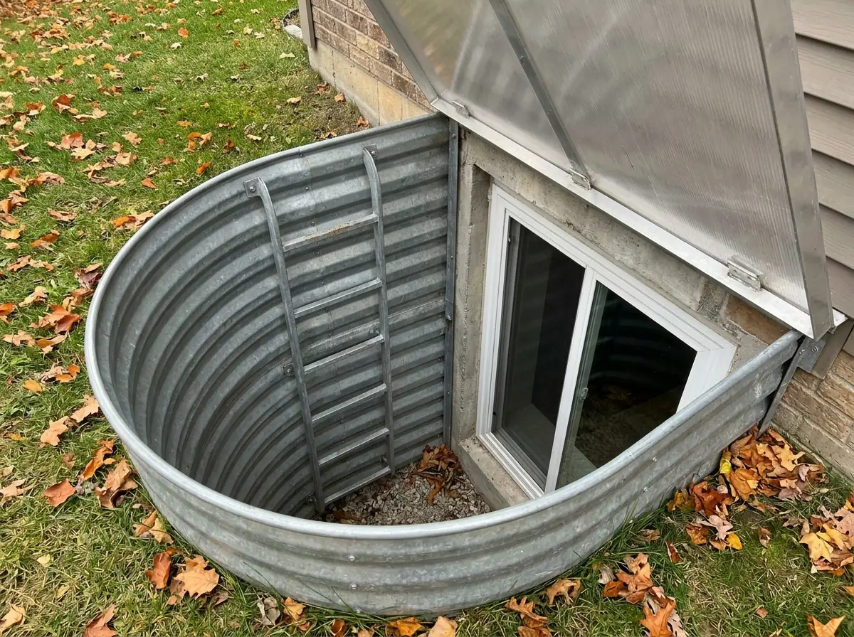 Galvanized window well with a fixed steel ladder on the wall and a clear hinged cover, beside a basement egress window