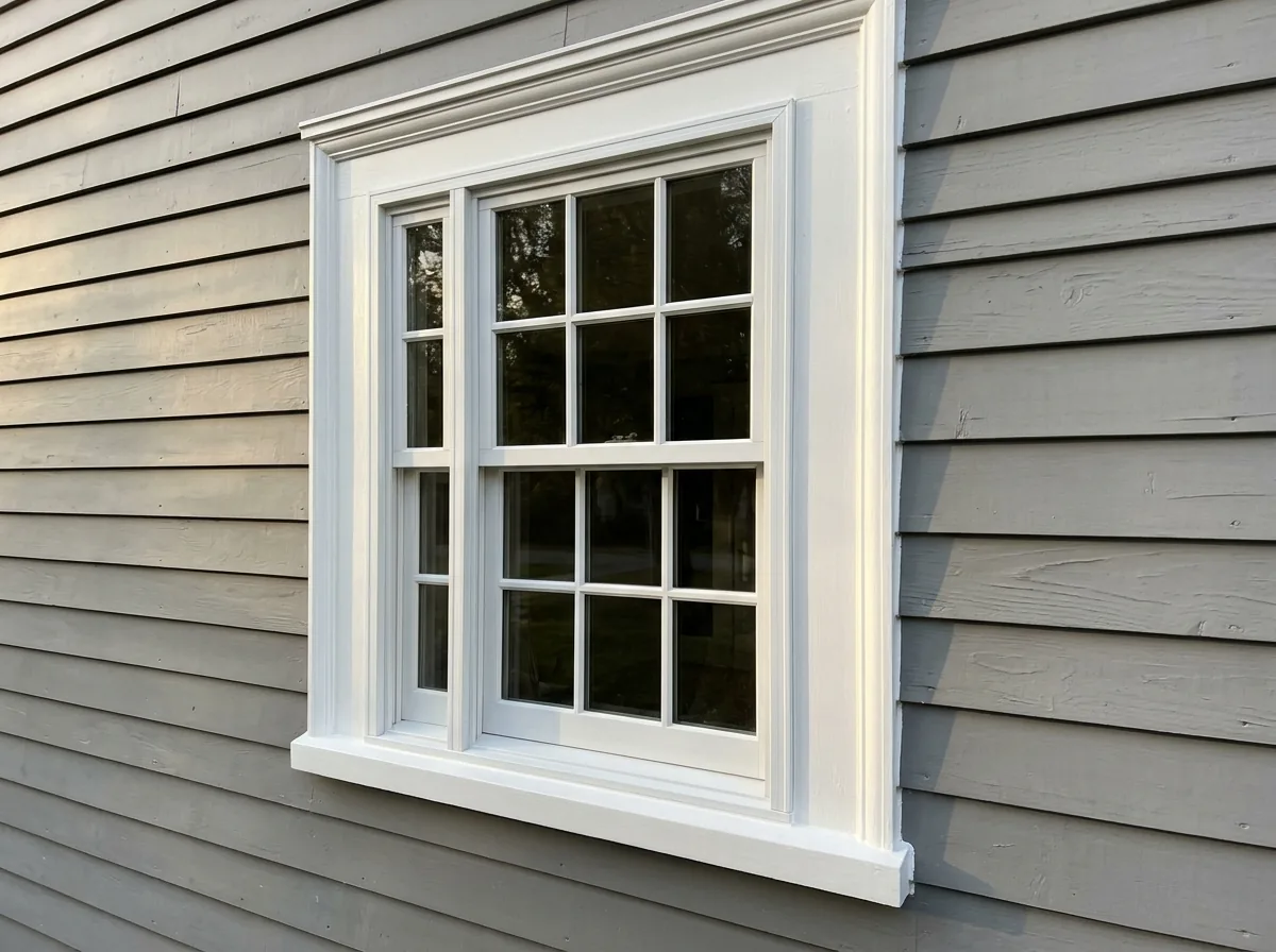 Painted wood double-hung window with a narrow aluminum-clad exterior, set in white trim on a gray colonial