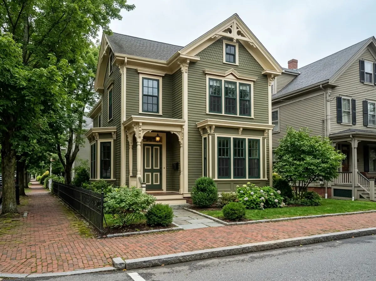 Victorian house with dark green painted wood double-hung windows with divided lites and cream trim