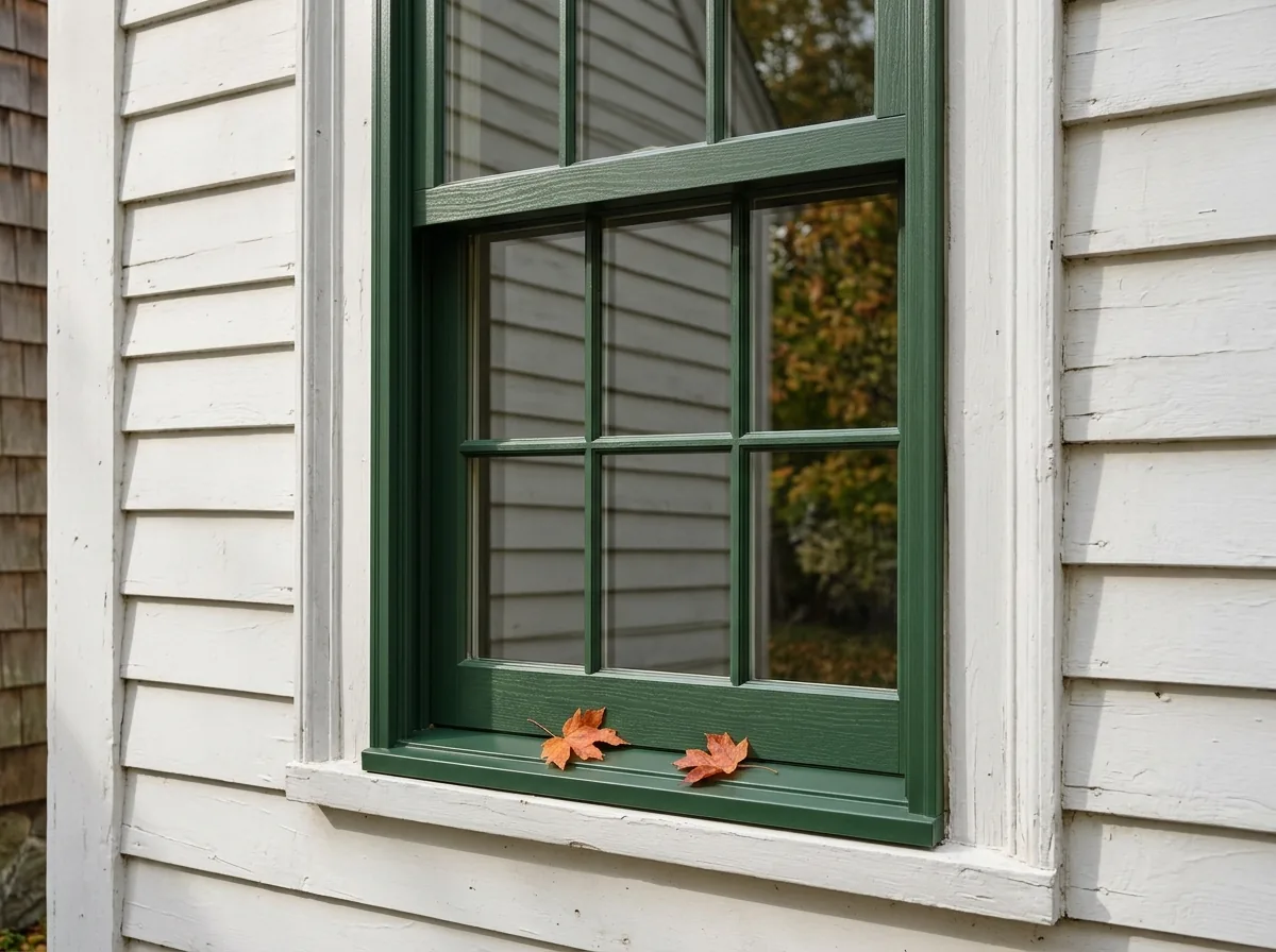 Fiberglass double-hung window with a wood-grain textured frame painted dark green, on a white clapboard New England house