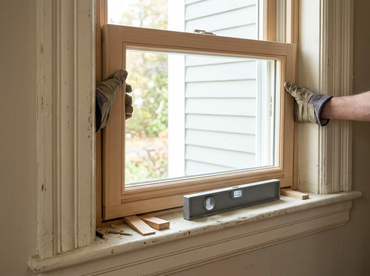 Wood insert replacement window being set into an existing painted wood frame, old interior trim left in place